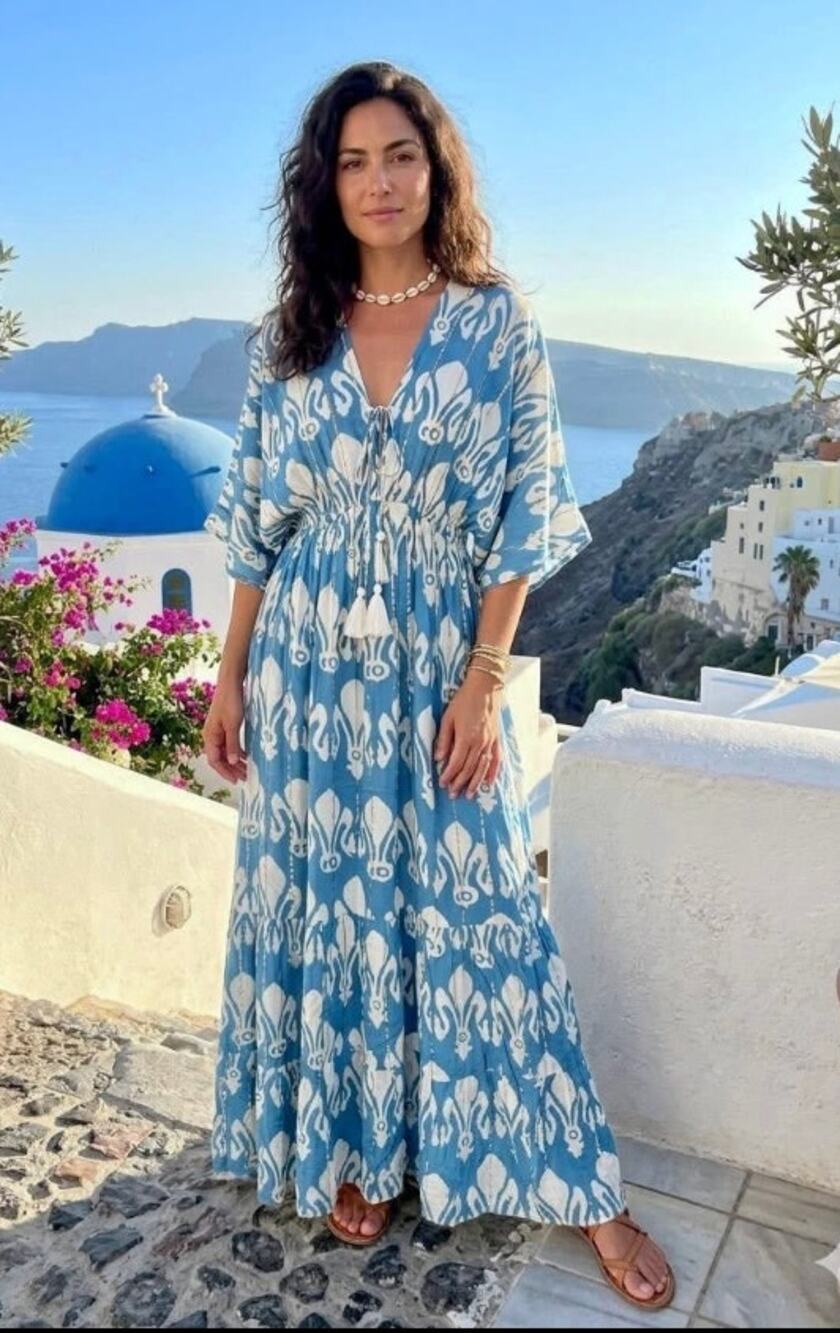 ONS free size Zury blue white short sleeve tassels lightweight maxi dress